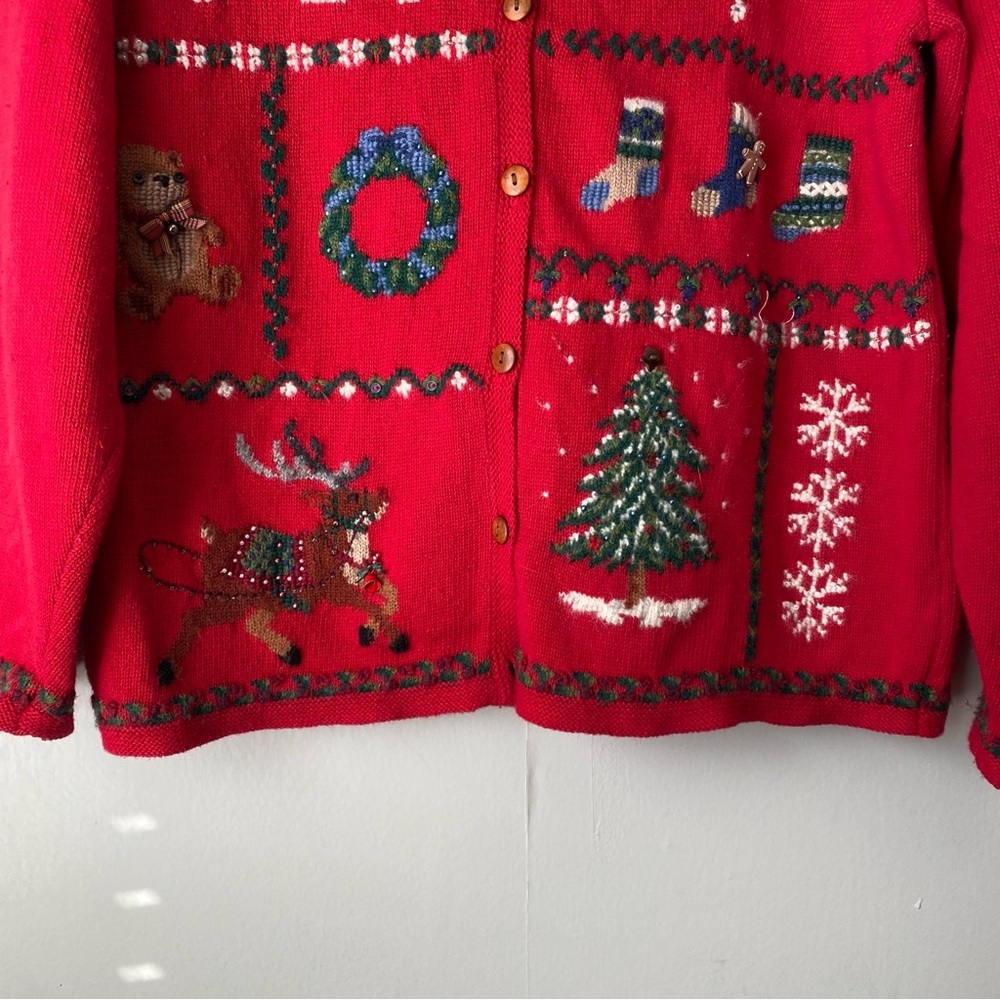 Vintage Y2K Embroidered Christmas Cardigan Knit Sweater Red Large - Picture 5 of 11